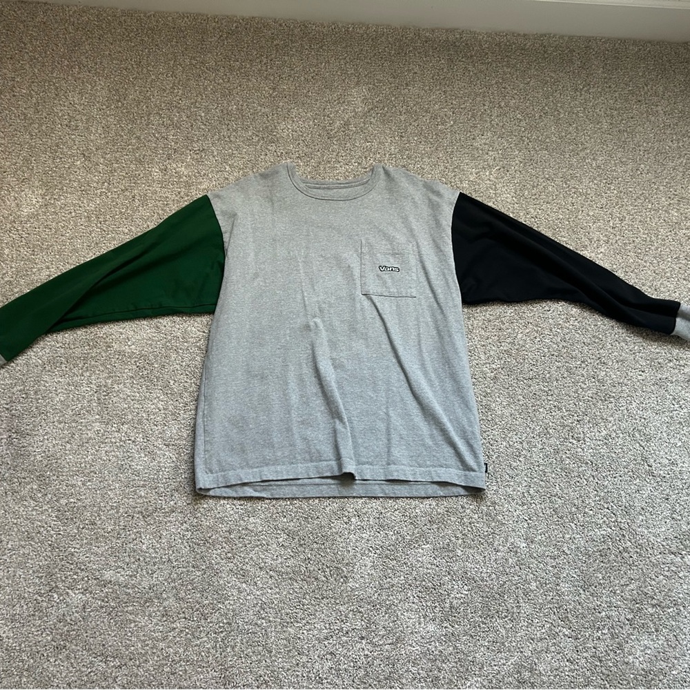 Gray Vans Long Sleeve Shirt with Green and Black Sleeves